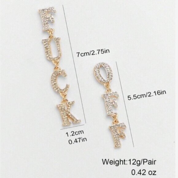 Silver Rhinestone Letter Dangle Punk Fashion F*uck Off Earrings - Picture 3 of 3